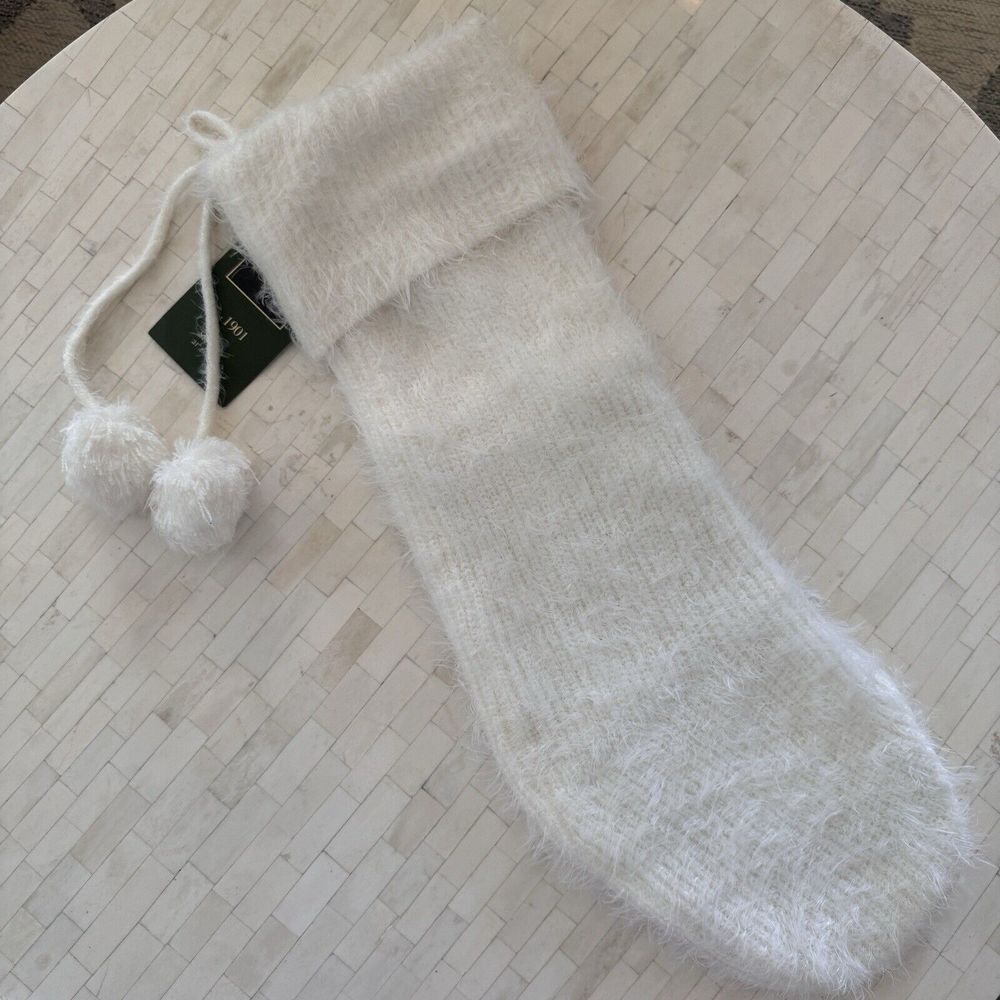 NEW House and Garden Fuzzy White Christmas Stocking w/Pom Pom Tassels‎ 21" Large